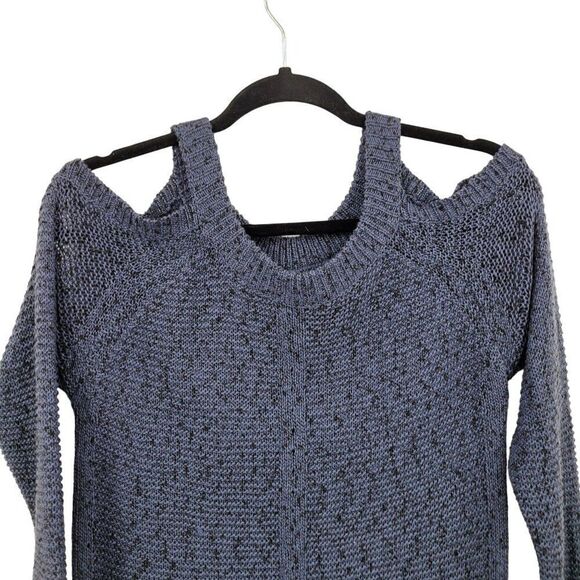 Vintage 90s Cold Shoulder Flecked Rib Knit Sweater Top M Blue Black Casual - Picture 8 of 11